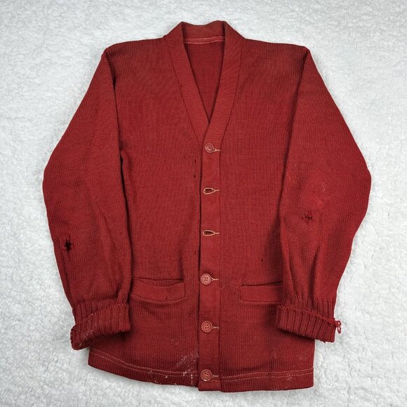 Vintage Wool Cardigan Sweater Distressed Brick Red Primitive 40s Varsity USA - Picture 1 of 16